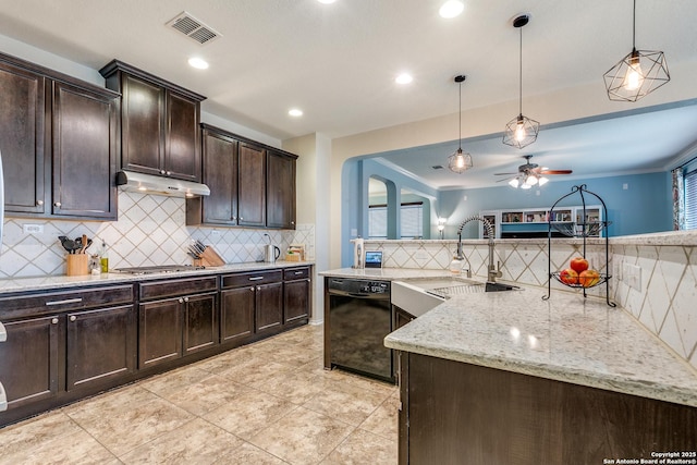 kitchen featuring pendant lighting, sink, black dishwasher, dark brown cabinetry, and decorative backsplash