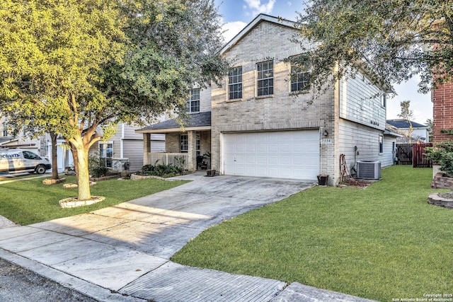 view of front of property with a garage, a porch, a front yard, and central AC unit