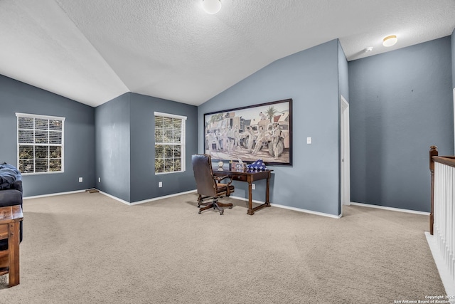 office space featuring vaulted ceiling, light colored carpet, and a textured ceiling