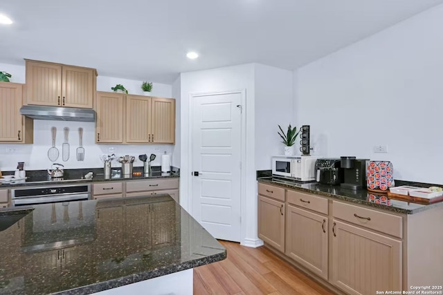 kitchen featuring dark stone counters, stainless steel oven, and light wood-type flooring