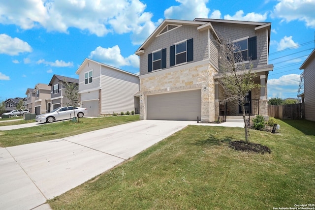 view of front of property with a garage and a front lawn