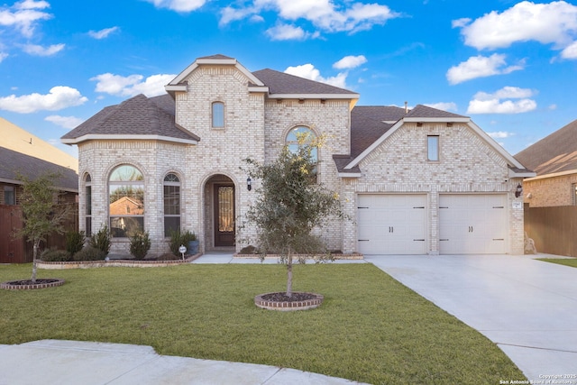 french country home featuring a garage and a front yard