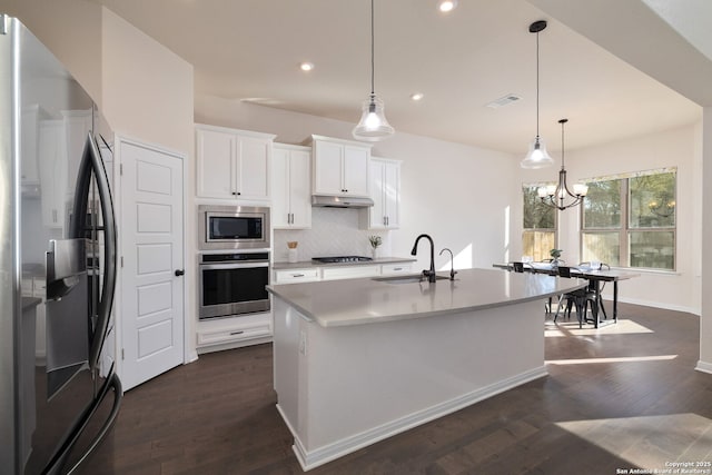 kitchen with pendant lighting, sink, appliances with stainless steel finishes, a kitchen island with sink, and white cabinets