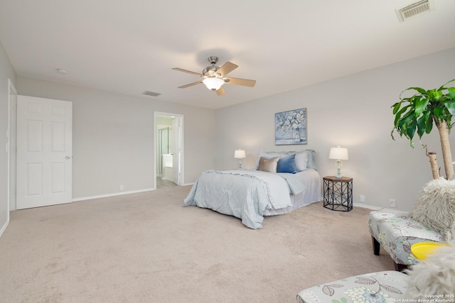 bedroom with carpet, visible vents, ceiling fan, and baseboards