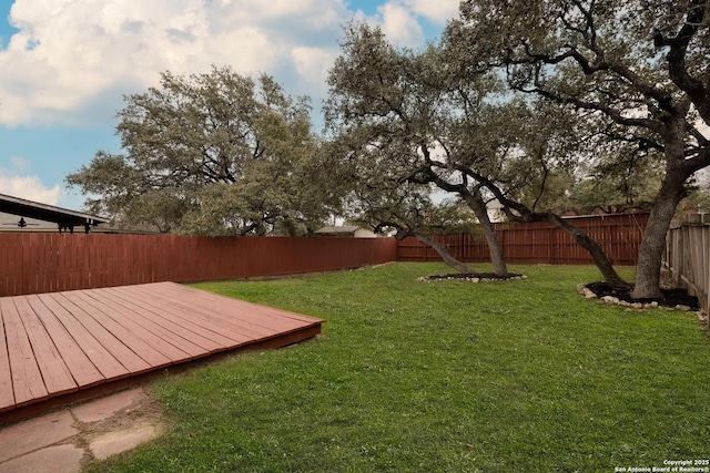 view of yard featuring a fenced backyard and a deck