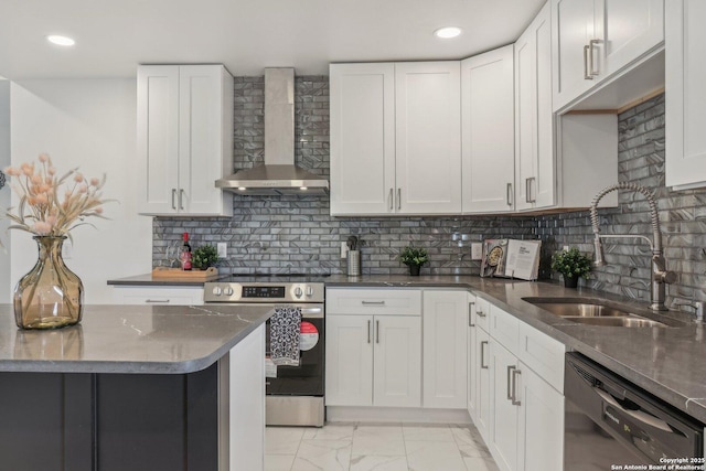 kitchen featuring white cabinetry, sink, black dishwasher, stainless steel range with electric cooktop, and wall chimney range hood