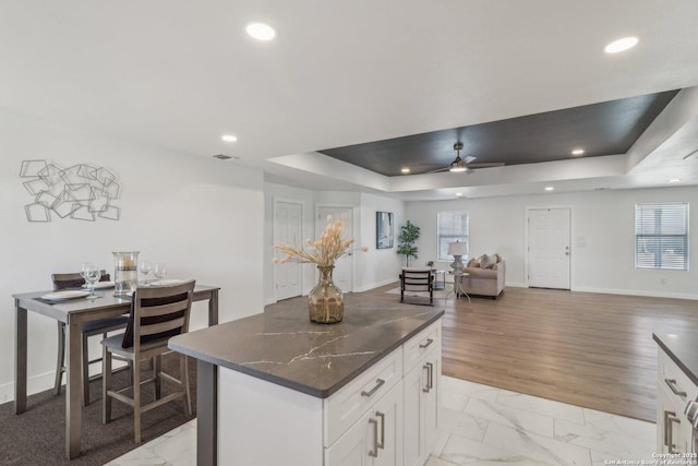 kitchen featuring white cabinetry, a center island, a healthy amount of sunlight, and a raised ceiling