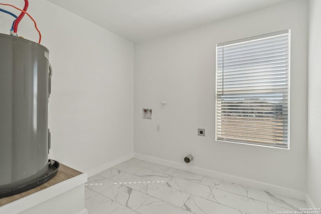 washroom featuring water heater, hookup for a washing machine, plenty of natural light, and hookup for an electric dryer