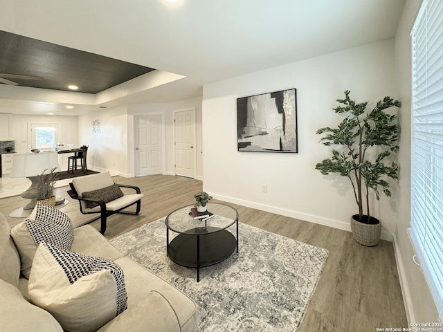 living room with a tray ceiling and light hardwood / wood-style flooring