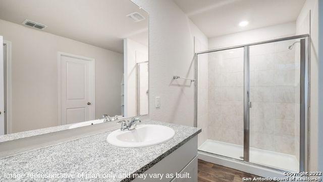 bathroom with vanity, hardwood / wood-style floors, and walk in shower