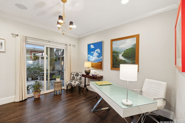 home office featuring crown molding, dark wood-type flooring, and a notable chandelier