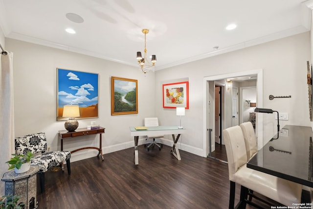 office featuring ornamental molding, an inviting chandelier, and dark hardwood / wood-style flooring