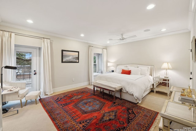 bedroom featuring crown molding, light carpet, access to outside, and ceiling fan