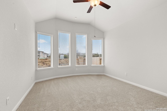 bonus room featuring a ceiling fan, carpet, lofted ceiling, and baseboards