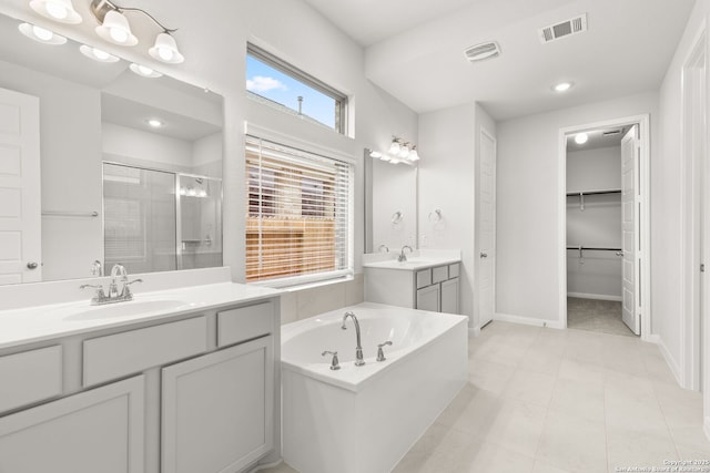 bathroom featuring a walk in closet, two vanities, visible vents, a stall shower, and a sink