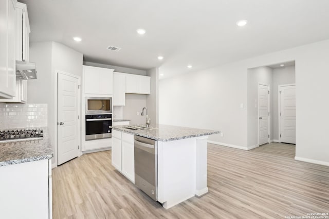 kitchen featuring decorative backsplash, an island with sink, white cabinets, and appliances with stainless steel finishes