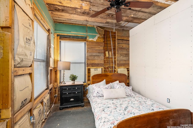 bedroom featuring wood ceiling and wood walls