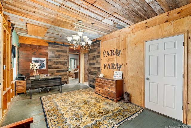 interior space featuring wood ceiling, dark hardwood / wood-style floors, a chandelier, and wood walls