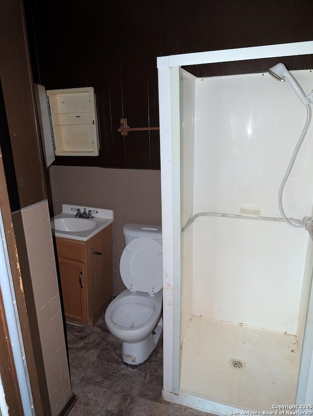 bathroom with vanity, walk in shower, and toilet