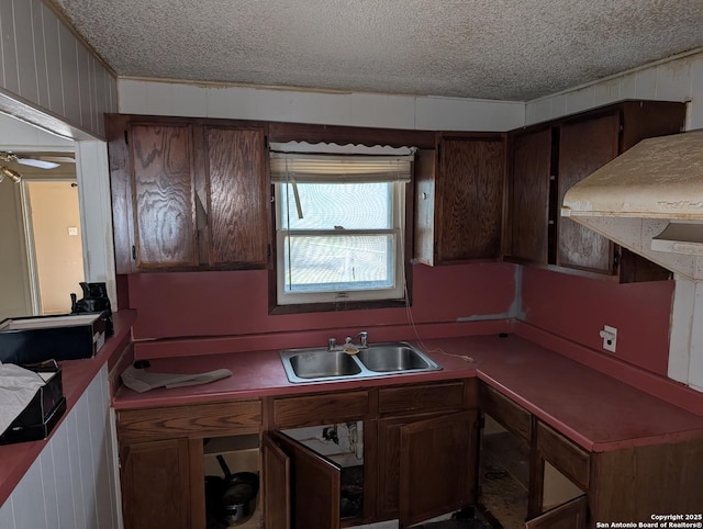 kitchen featuring sink, wooden walls, and a textured ceiling