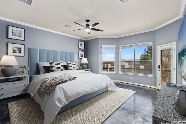 bedroom featuring concrete flooring, ornamental molding, access to exterior, and ceiling fan