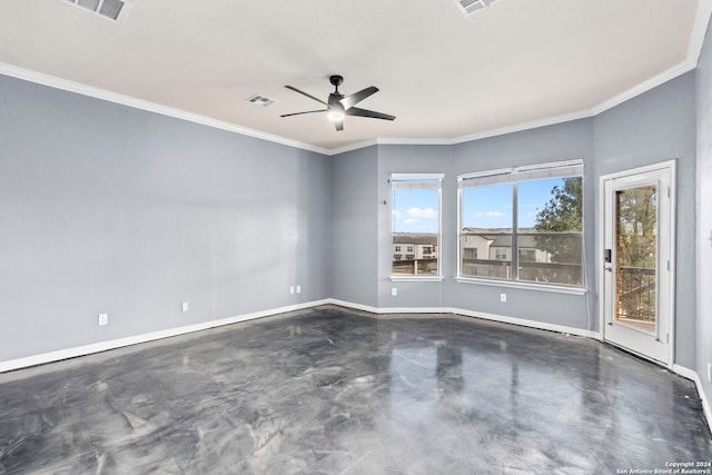 unfurnished room featuring ornamental molding and ceiling fan