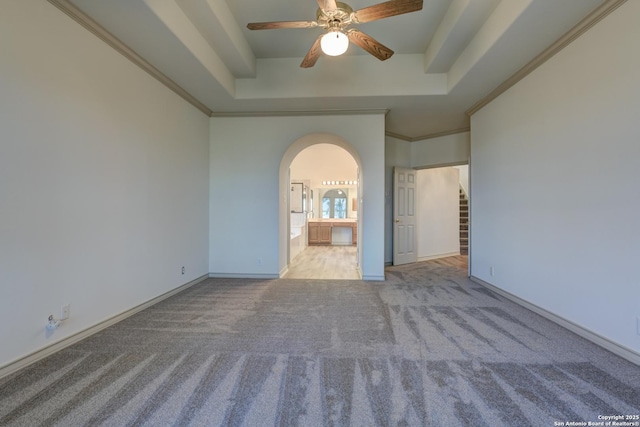 unfurnished room featuring light carpet, crown molding, and a raised ceiling