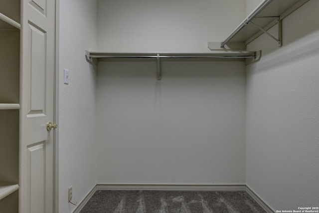 walk in closet with dark colored carpet