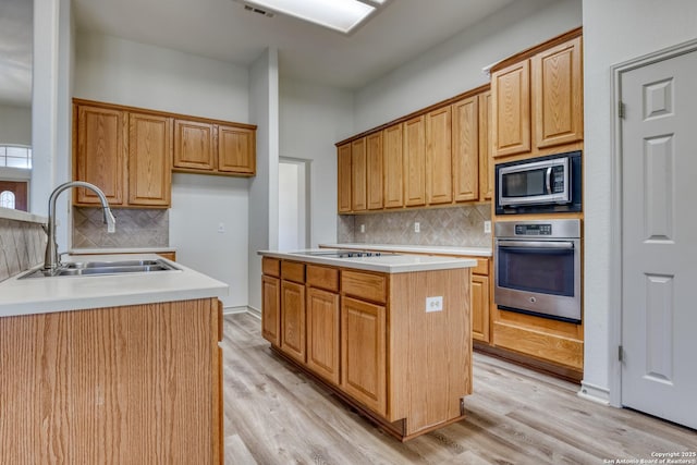 kitchen with appliances with stainless steel finishes, sink, a center island with sink, and backsplash