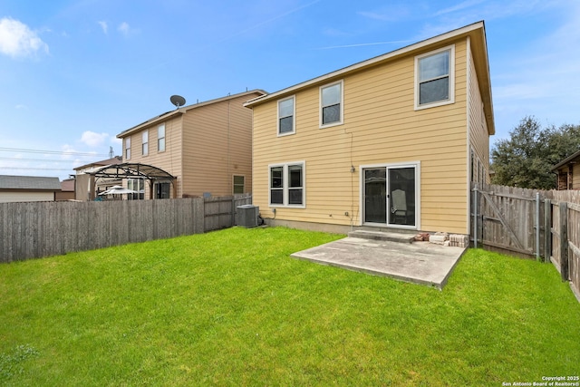 rear view of property with a pergola, central AC unit, a patio area, and a lawn