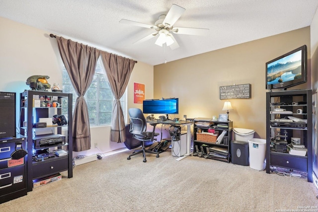 office space featuring ceiling fan, carpet floors, and a textured ceiling