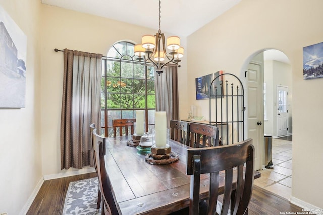 dining room featuring wood-type flooring and a notable chandelier