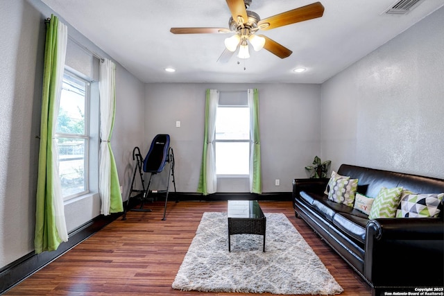 living room featuring a healthy amount of sunlight and dark hardwood / wood-style floors