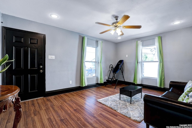 foyer entrance featuring ceiling fan, a healthy amount of sunlight, and hardwood / wood-style floors