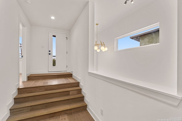 stairs featuring wood-type flooring