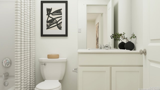 full bathroom featuring vanity, shower / bathtub combination with curtain, and toilet