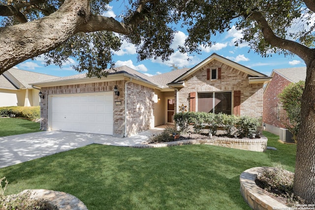 ranch-style house featuring a garage, central AC unit, and a front lawn