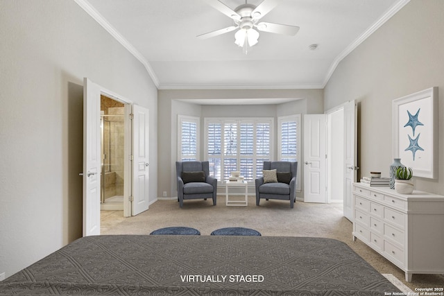 unfurnished bedroom with lofted ceiling, connected bathroom, light carpet, and ceiling fan