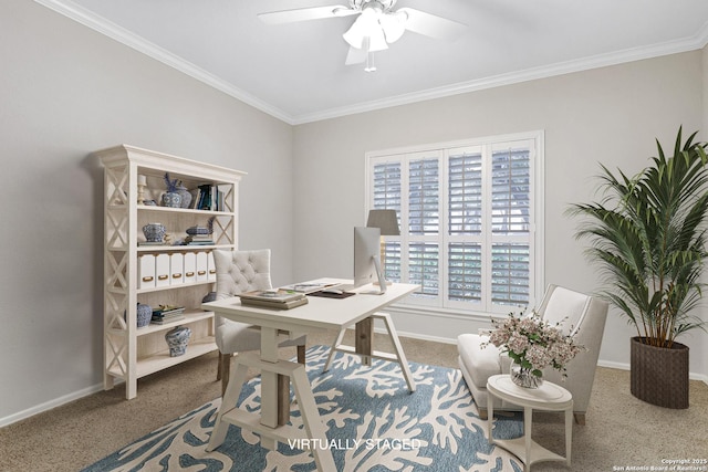 carpeted home office featuring crown molding and ceiling fan