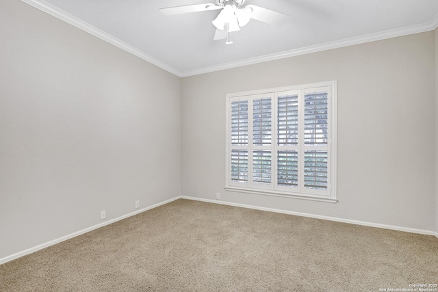 carpeted spare room with ceiling fan and ornamental molding