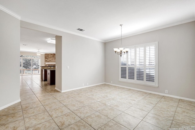 tiled empty room featuring ornamental molding and ceiling fan with notable chandelier