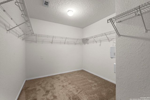 walk in closet with electric panel and carpet