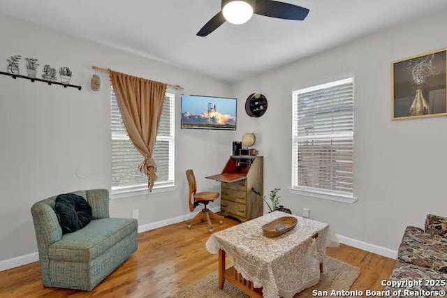 living area featuring wood-type flooring and ceiling fan