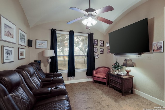 living room featuring lofted ceiling and ceiling fan