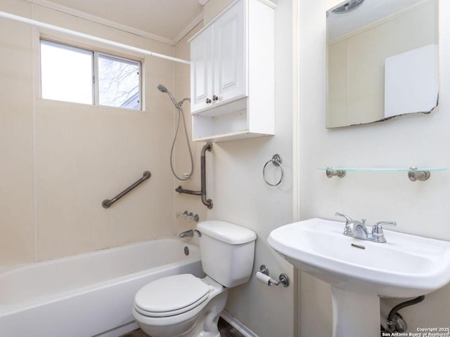 full bathroom featuring ornamental molding, shower / washtub combination, sink, and toilet