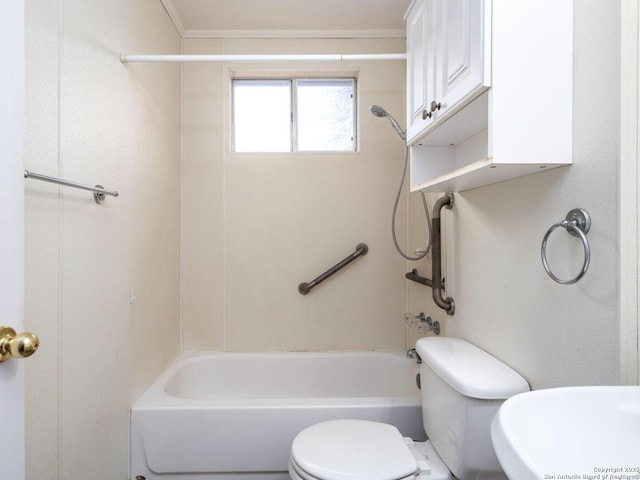 full bathroom with ornamental molding, toilet, shower / washtub combination, and sink