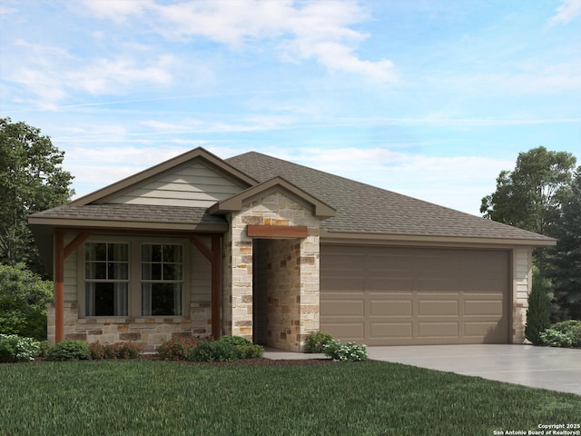 ranch-style house with a shingled roof, concrete driveway, a front yard, stone siding, and an attached garage