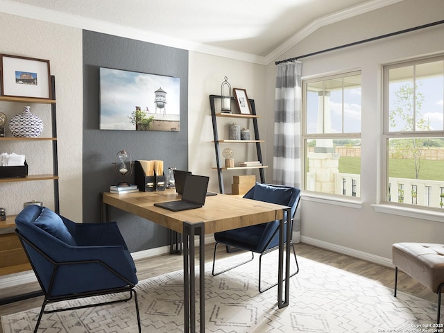 office area with vaulted ceiling, wood finished floors, baseboards, and ornamental molding