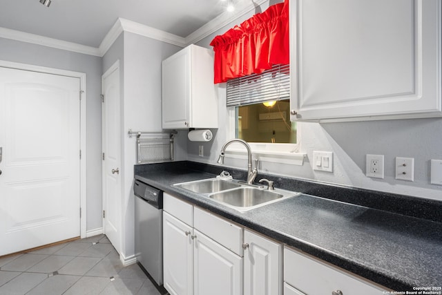 kitchen featuring stainless steel dishwasher, ornamental molding, sink, and white cabinets