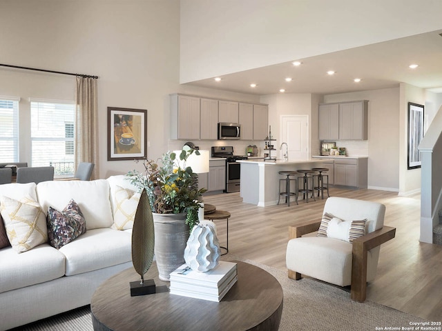 living room featuring sink and light hardwood / wood-style flooring